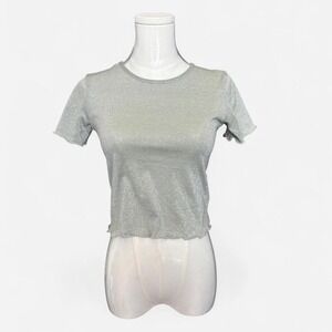 Urban Outfitters silver and pale green metallic top with ruffle lettuce sleeve S